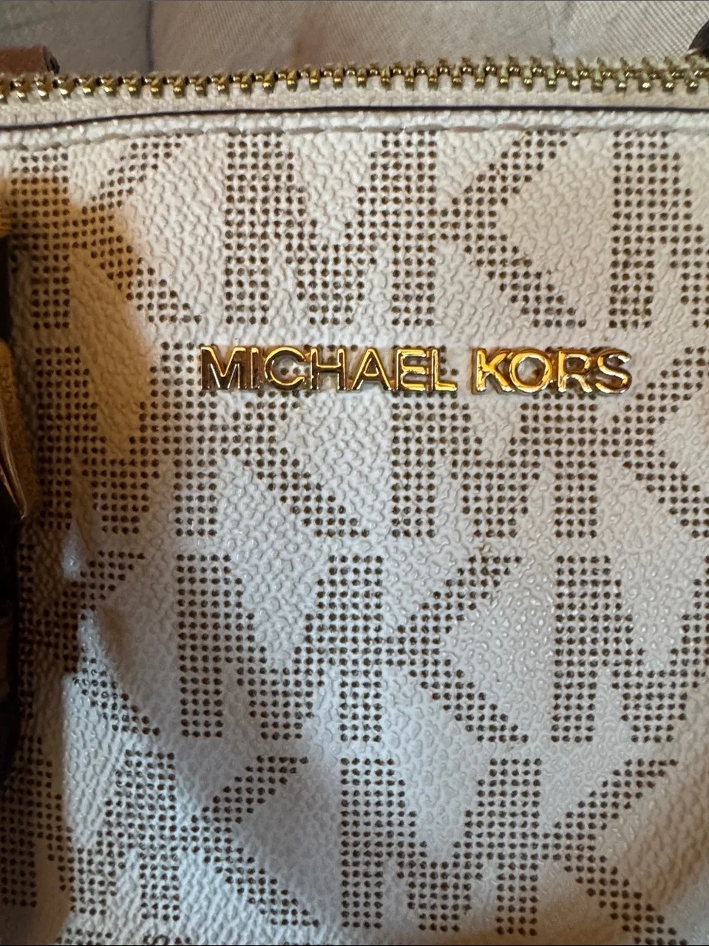 Michael Kors Brown & Beige Signature Dome Satchel with Gold Hardware